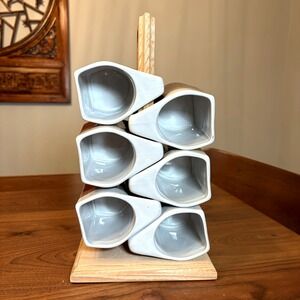 Vintage Muddy Waters Stacked Pottery Mugs Wooden Stand Set of 6 MCM Brown